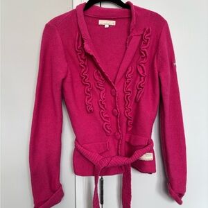 Odd Molly Pink Wrap Cardigan Sweater with Ruffle Detail
